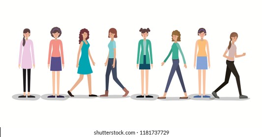 group of women walking and running characters