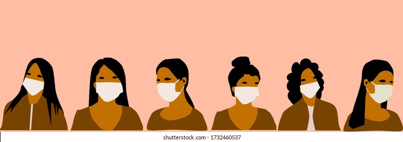 Group of  women wearing medical masks to prevent disease, flu, air pollution, contaminated air, world pollution. Vector illustration in a flat style