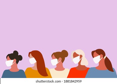 A group of women in a white medical face mask, coronavirus, covid-19. Season of the virus, and quarantine. Vector illustration, seamless pattern in modern flat style, isolated on light background.