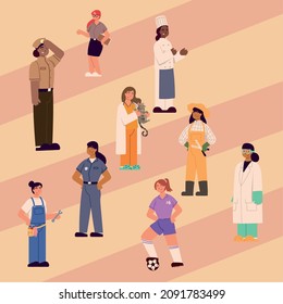 grupo de mujeres trabajadoras de diferentes profesiones