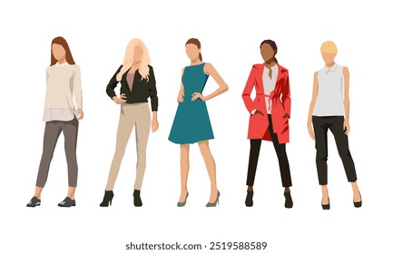 Group of women, young adult female models stand dressed in different clothes, flat design geometric isolated vector illustration of people