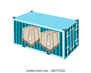 A Group of Wooden Crates or Cargo Boxes Wrapped Protection with Steel Banding in Light Blue Cargo Container, Freight Container or Shipping Container, Ready for Shipment. 