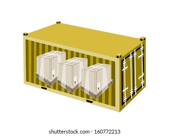 A Group of Wooden Crates or Cargo Boxes Wrapped in Plastic Shrink Wrap in Yellow Cargo Container, Freight Container or Shipping Container, Ready for Shipment. 