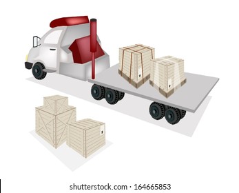 A Group of Wooden Crates or Cargo Boxes on The Back of A Flatbed Truck, Tractor Trailer or Flatbed Articulated Lorry. 