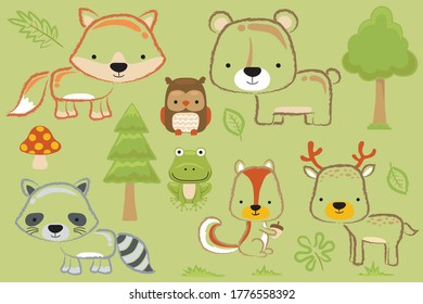 Group of woodland animals cartoon with forest elements in hand drawn style