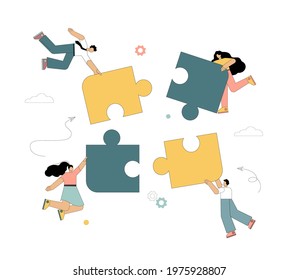 Group work. Cooperation. People are putting together a puzzle. Teamwork. Vector illustration on white background