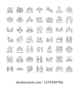 Group work linear icons, signs, symbols vector line illustration set