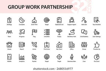 Minimierung der Symbolsammlung für Gruppenarbeitspartnerschaften. Professionelles, kreatives und modernes Modellpaket, das Teamwork, Partnerschaft und Kooperationskonzepte hervorhebt.