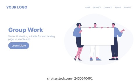 Group Work. Web Landing Page Design. Flat Cartoon Vector Illustration. Vector illustration, suitable for web landing page, ui, mobile app.