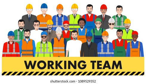 Group of worker, builder and engineer standing together in row in white background in flat style. Working team and teamwork concept. Different nationalities and dress styles. Design people characters.