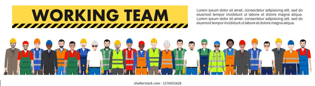 Group of worker, builder and engineer standing together in row in white background in flat style. Working team and teamwork concept. Different nationalities and dress styles. Design people characters.