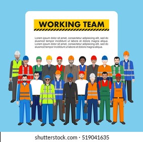 Group of worker, builder and engineer standing together on blue background in flat style. Working team and teamwork concept. Different nationalities and dress styles. Flat design people characters.