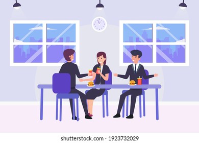 Group Of Worker Eating Junk Foods While Talking Together In The Office Room. Unhealthy Foods Vector Concept