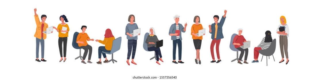 Group workers communicate or talk with a client or talk between teamwork or meeting, brainstorm. Successful business of young trendy people. Vector cartoon concept illustration.