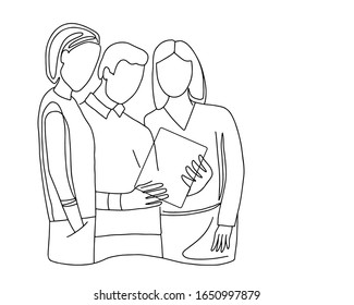 Group of workers discussing at office. Character concept with computer ond coffee. Men and women at work doing brainstorm. Teamwork concept. Line art vector illustration