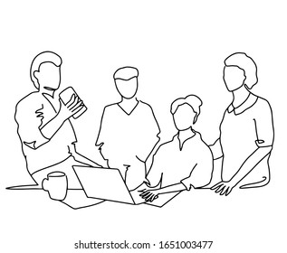 Group of workers discussing at office. Character concept with computer ond coffee. Men and women at work doing brainstorm. Teamwork concept. Line art vector illustration