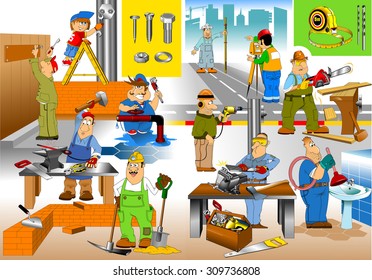 group of workers doing repairs in the house, vector