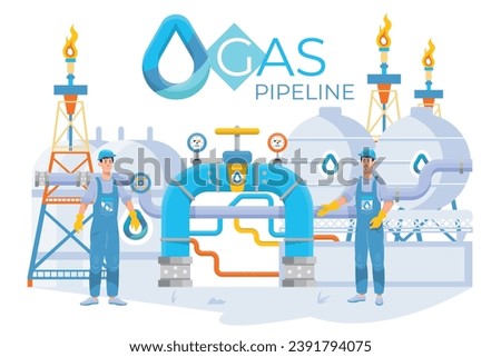 A group of workers in hard hats and safety vests are installing a gas pipeline. They are using heavy machinery to dig a trench, lay the pipe, and weld the joints together. The pipeline is located in a