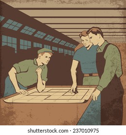 Group of workers having a meeting after work in the plant retro vector illustration