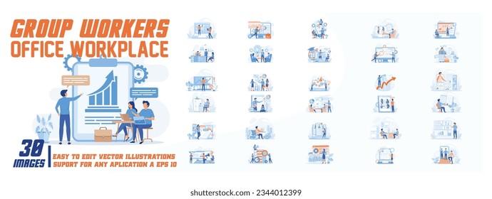 Group workers office workplace concept illustration. collection of male and female business people scenes in the group workers office workplace scene. mega set flat vector modern illustration