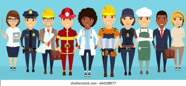 A group of workers. Professionals in their field, lined up against a blue background. Ethnically different. In flat style.