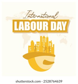 Group of workers and safety helmets. Celebration of International Labor Day. Labor Day concept. Flat vector illustration.