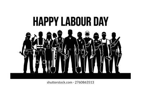 A group of workers in silhouette celebrating Labour Day with tools and hard hats