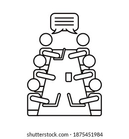 Gruppe von ArbeiterInnen, die im Stil der Tischmitarbeit sprechen Symbol Vektorgrafik-Design
