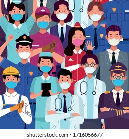 group of workers using face masks vector illustration design