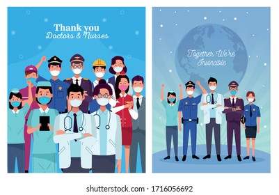 group of workers using face masks and positive messages vector illustration design