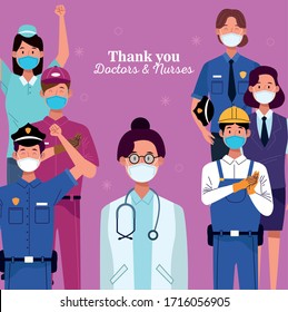 group of workers using face masks with thank you doctors and nurses message vector illustration design