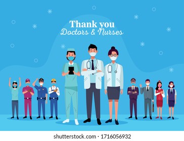 group of workers using face masks with thank you doctors and nurses message vector illustration design