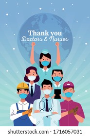 group of workers using face masks with thank you doctors and nurses message vector illustration design