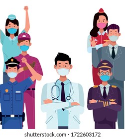 group workers using face masks for covid19 vector illustration design