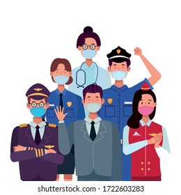 group workers using face masks for covid19 vector illustration design