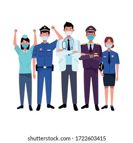 group workers using face masks for covid19 vector illustration design