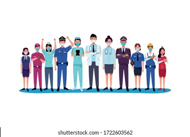 group workers using face masks for covid19 vector illustration design