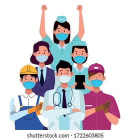 group workers using face masks for covid19 vector illustration design