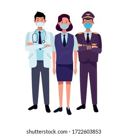 group workers using face masks for covid19 vector illustration design