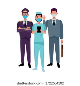group workers using face masks for covid19 vector illustration design