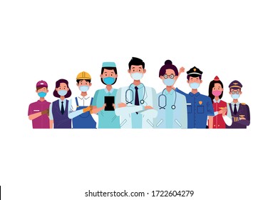 group workers using face masks for covid19 vector illustration design