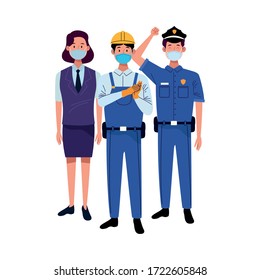 group workers using face masks for covid19 vector illustration design