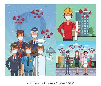 group of workers using face masks for covid19 vector illustration design