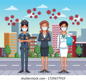 group of workers using face masks for covid19 vector illustration design