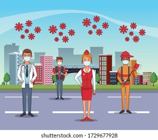 group of workers using face masks for covid19 vector illustration design