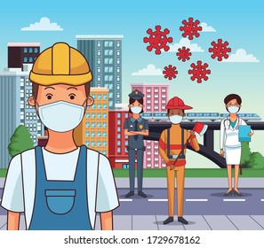group of workers using face masks for covid19 vector illustration design