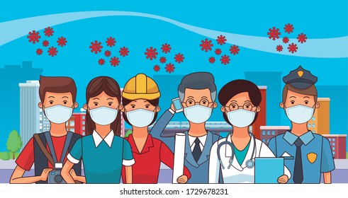 group of workers using face masks for covid19 vector illustration design