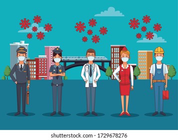 group of workers using face masks for covid19 vector illustration design