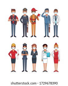 group of workers using face masks for covid19 vector illustration design