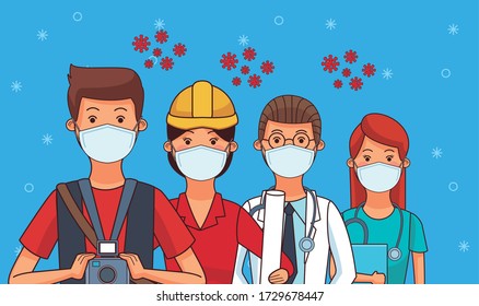 group of workers using face masks for covid19 vector illustration design